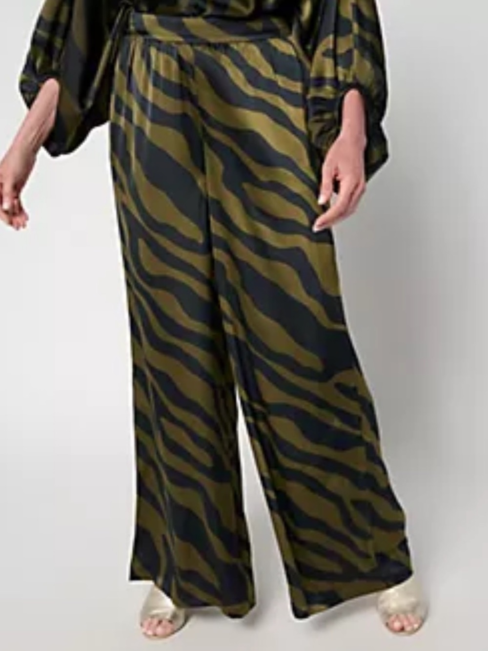 Carla Rockmore Satin Olive Zebra-Stripe Wide Leg Pants
